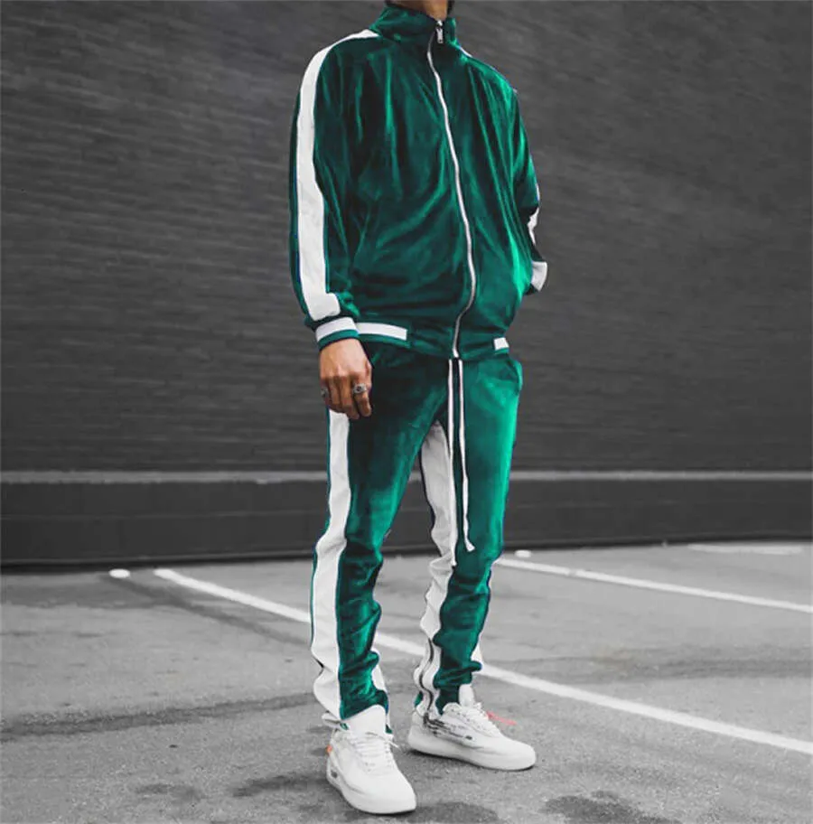 New Spring Autumn Men's Designer Veet Set 2 Piece Sports Suit Coat and Pants Warm Sportswear Tracuit for Men_voghion.com