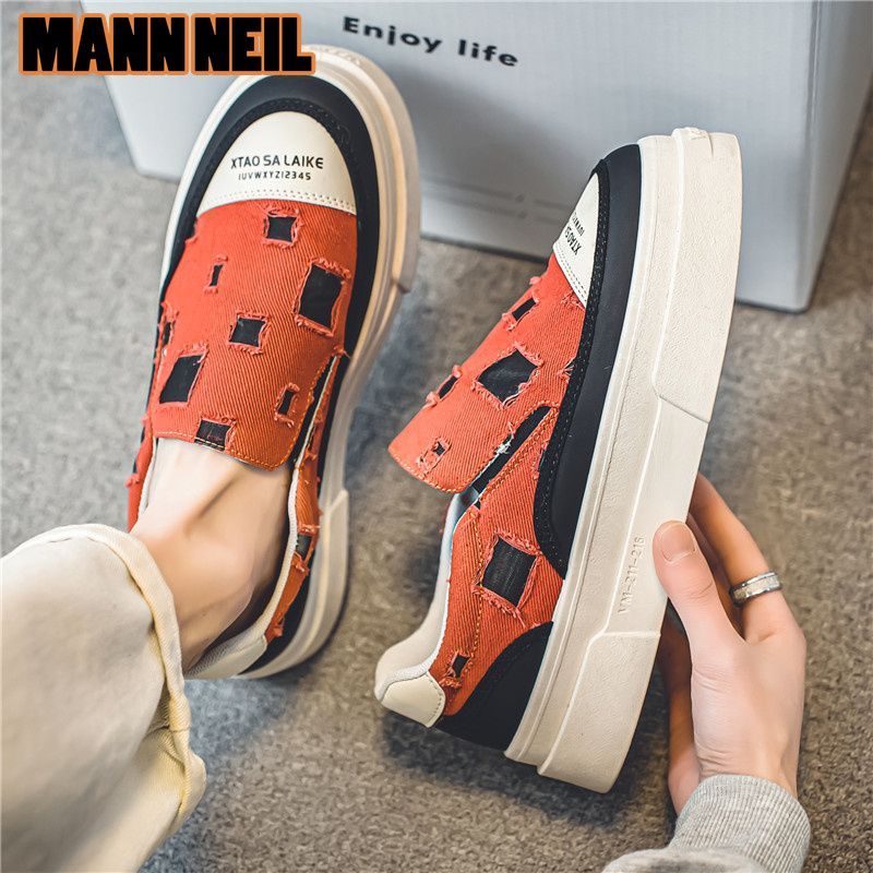 MannNeil 2024 New Summer Breathable Canvas Trdy M's Versatile Instagram High Street Brok Hole Beggar Board Shoes_voghion.com