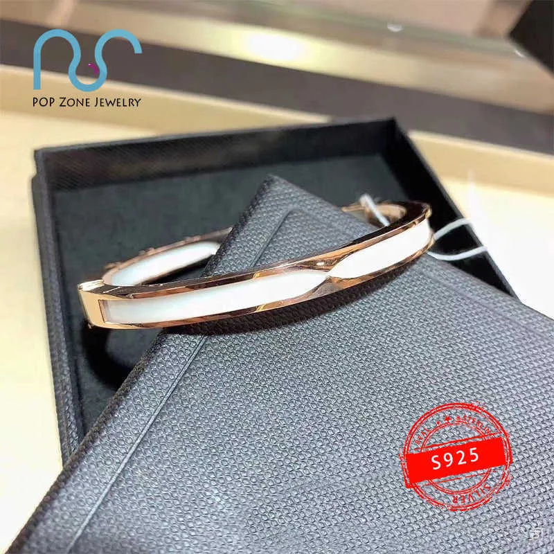Sterling Silver And Ceramic Bangle Bracelet For Women Elegant_voghion.com