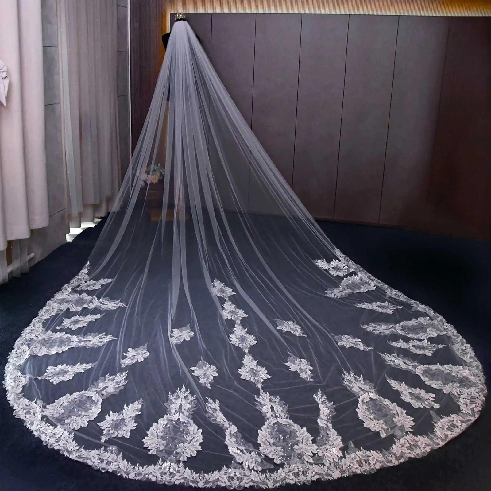 Hair Jwlry V146 Vil Long Cathdral Bridal Vils 1 Tir Lac Appliqus Edg Mantilla Wid Wdding Accssoris For_voghion.com