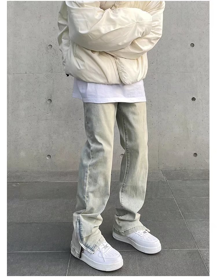 New High Street Washed Used Yellow Mud Dyeing Zipper Split Jeans Men's Straight Tube Casual Micro Pull Pants Trendy_voghion.com