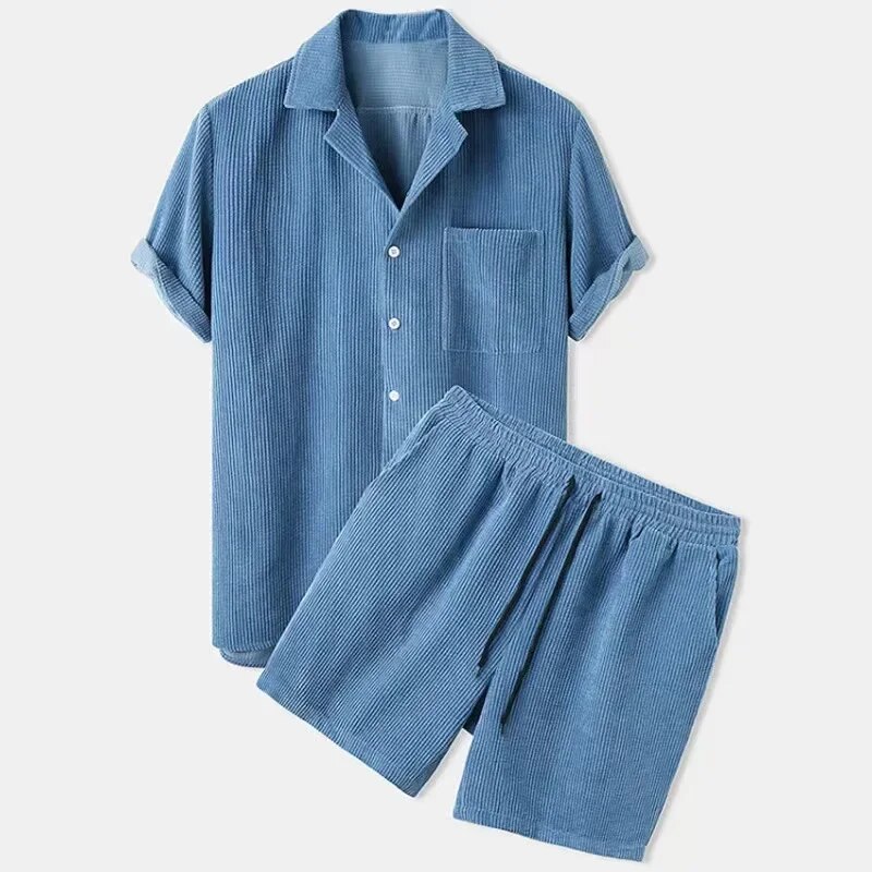 Spring Summer New Solid Men Corduroy Suit Short-sleeve Button Shirts And Shorts Two Piece Sets Casual Outfits Streetwear_voghion.com