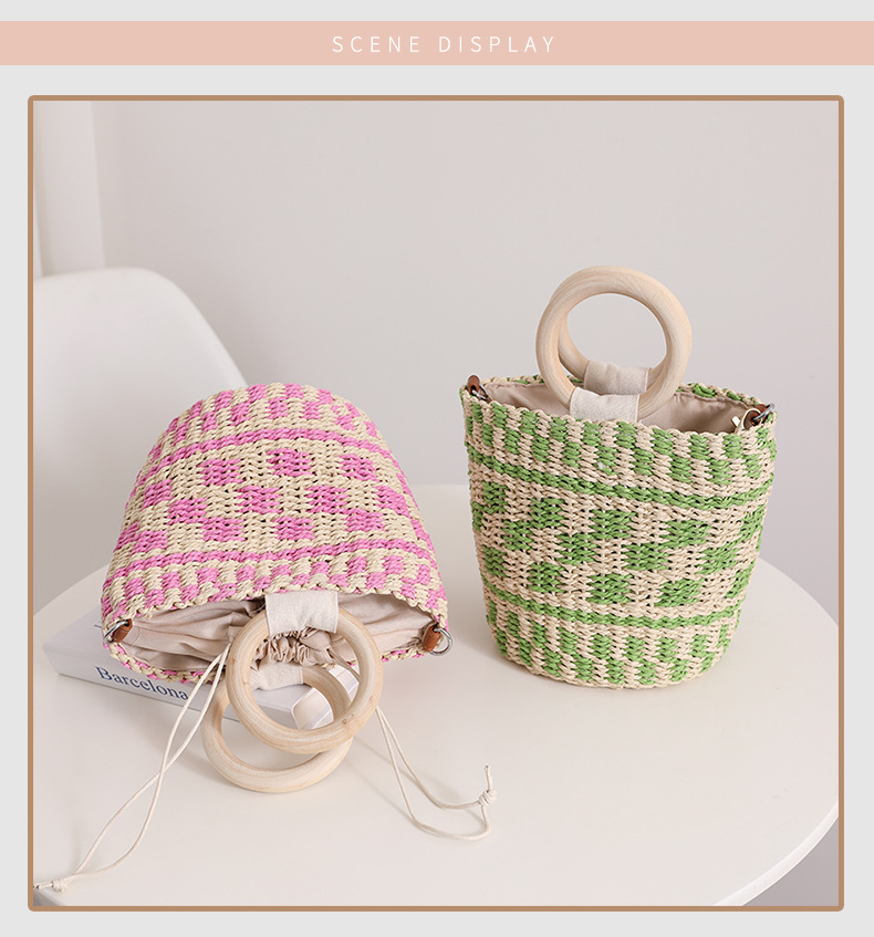 Sac rond en paille avec anneau en bois, nouveau sac à bandoulière de couleur contrastée européen et américain, sac tissé à la main pour femme, sac de plage de vacances en bord de mer_voghion.com