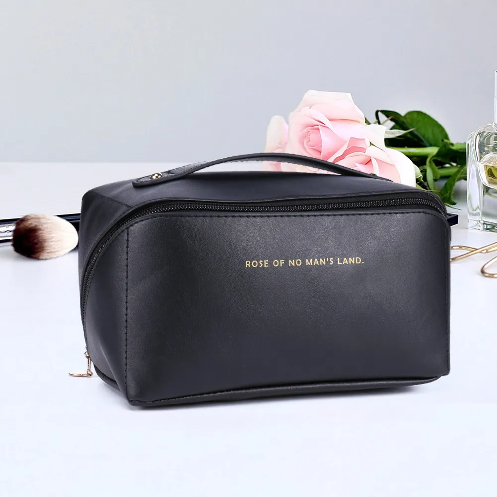 Trousse de maquillage en cuir pour femmes, grande capacité, organiseur de rangement pour pinceaux, idéal pour les voyages._voghion.com