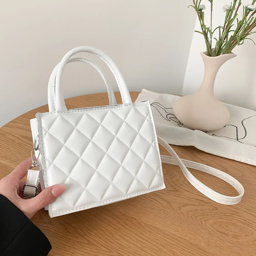 Borsa a tracolla da donna alla moda, casual, con cerniera, a reticolo rombico, piccola, con manico superiore, in tinta unita, per viaggiare ogni giorno._voghion.com
