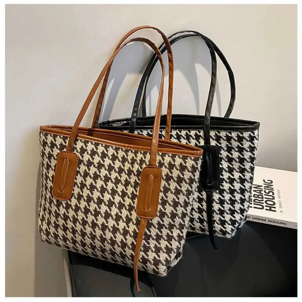 Fashionable Women's Shoulder Bag And Handbag In Houndstooth Style_voghion.com
