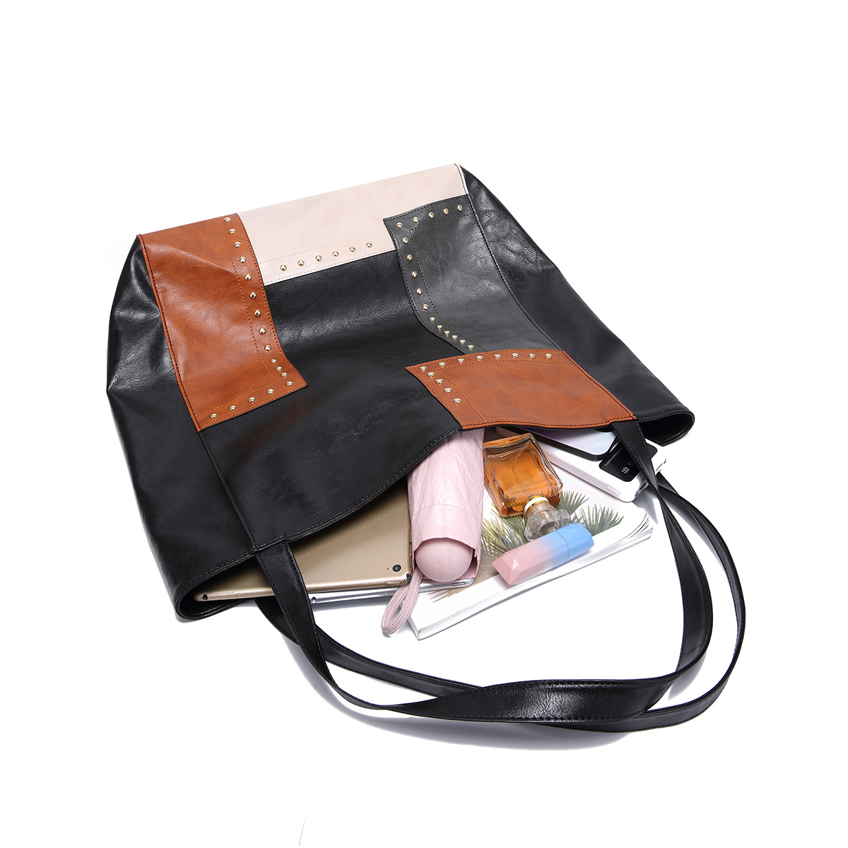 Borsa da donna, stile retrò, con rivetti, cuciture a contrasto, grande capacità, borsa a tracolla da donna_voghion.com