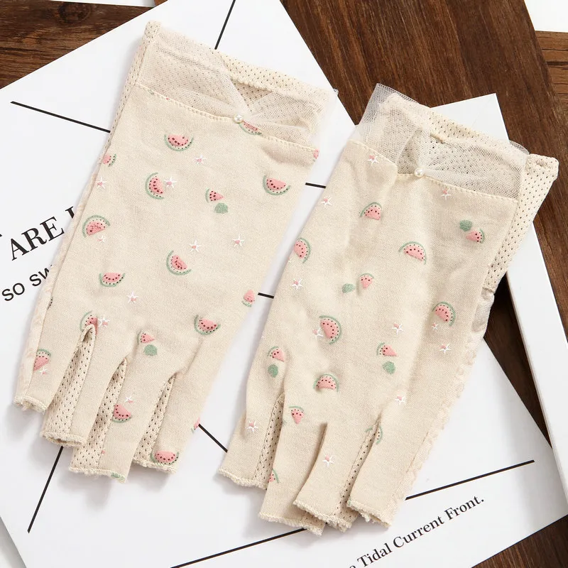 Fashion-Women Half Finger Working Sun Protection UV Cotton Gloves Female Student Summer Fingerless Driving Non-Slip_voghion.com