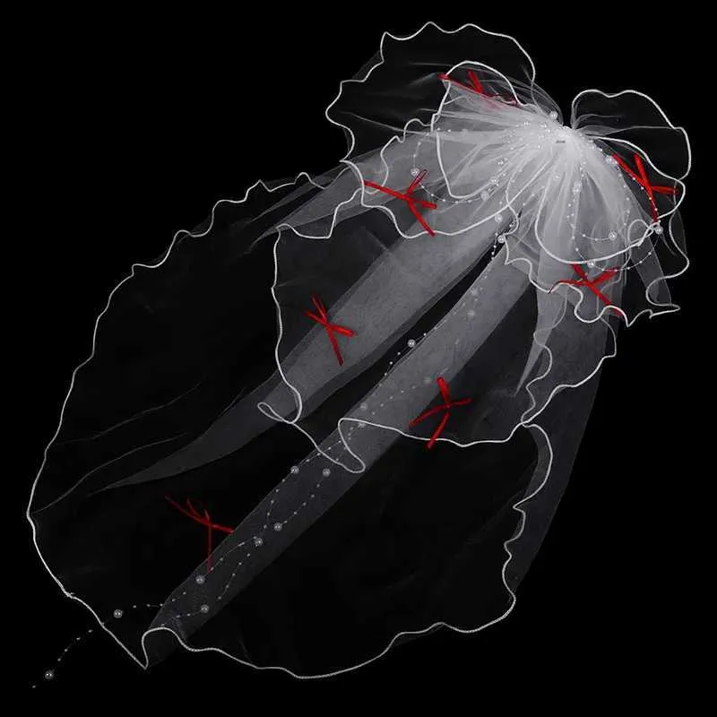 Voile de mariée court en tulle à double couche, couleur unie, avec clip et ruban, pour femme_voghion.com