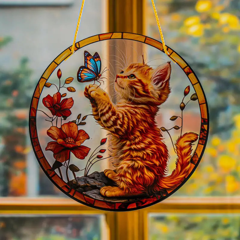 Captor de soare jucăuș cu pisicuță și fluture - artă acrilică vibrantă de 20 cm. Decor fantezist pentru ferestrele din grădină sau cadoul prețuit al iubitorilor de animale._voghion.com