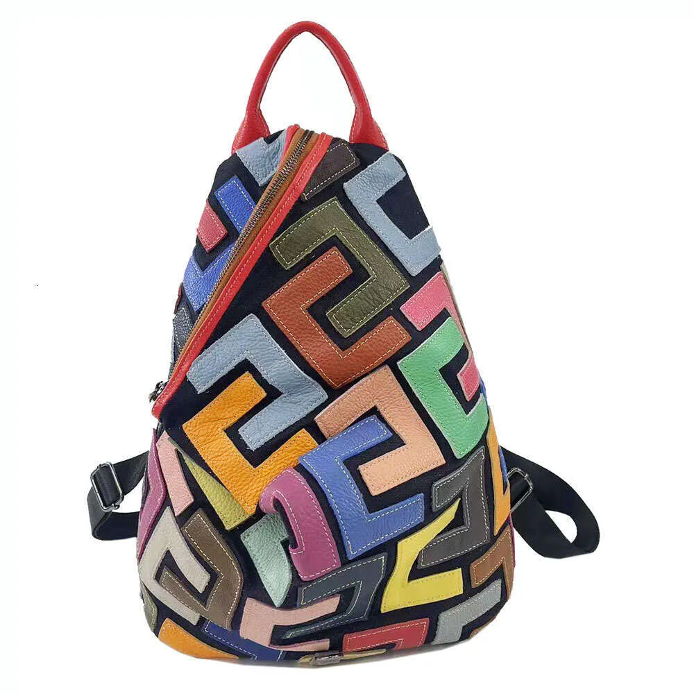 Vintage Lederrucksack Für Damen Bunter Patchwork Reise Rucksack_voghion.com