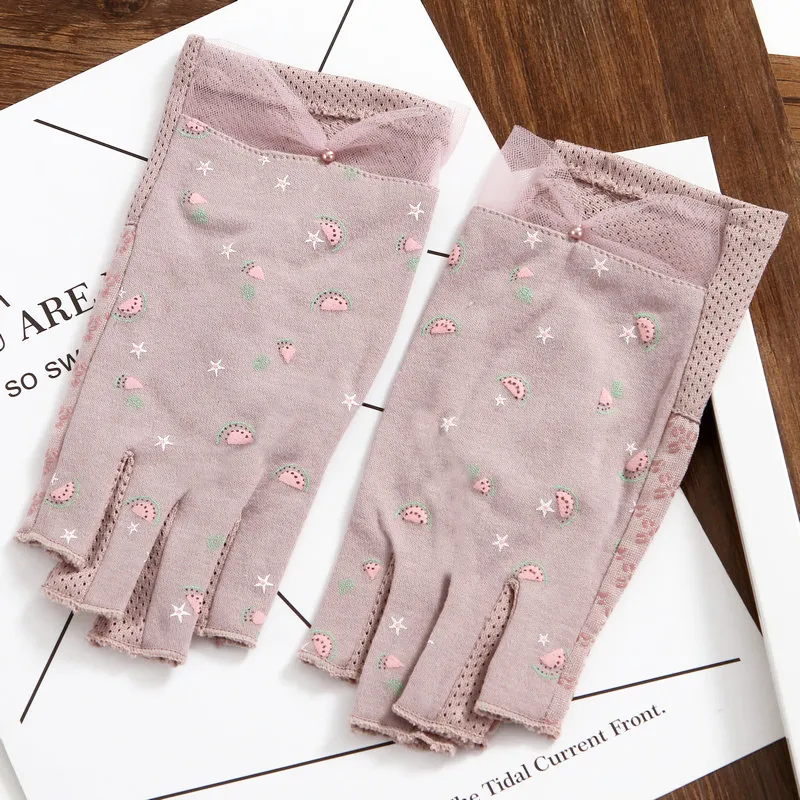 Fashion-Women Half Finger Working Sun Protection UV Cotton Gloves Female Student Summer Fingerless Driving Non-Slip_voghion.com