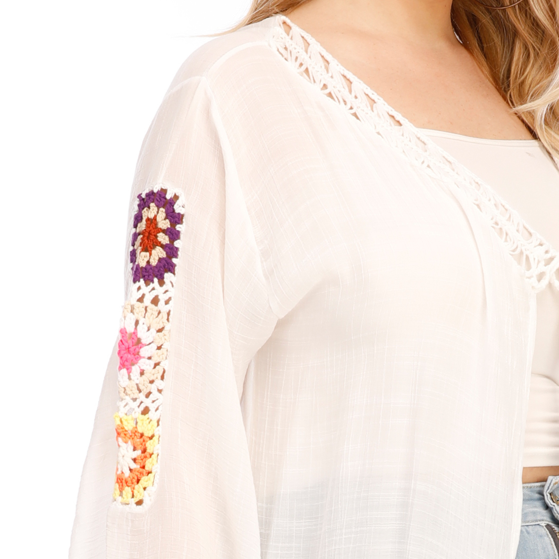 abbigliamento da donna di grandi dimensioni lavorato a mano all'uncinetto con giunture di fiori, nappa irregolare, spallina, protezione solare, cardigan_voghion.com