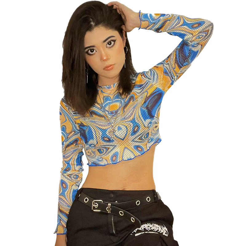 D22TP354 Autunno Nuovo 2024 Girocollo Maglione Manica Lunga Maglia Stampata Ombelico Aperto Top T-shirt Donna_voghion.com