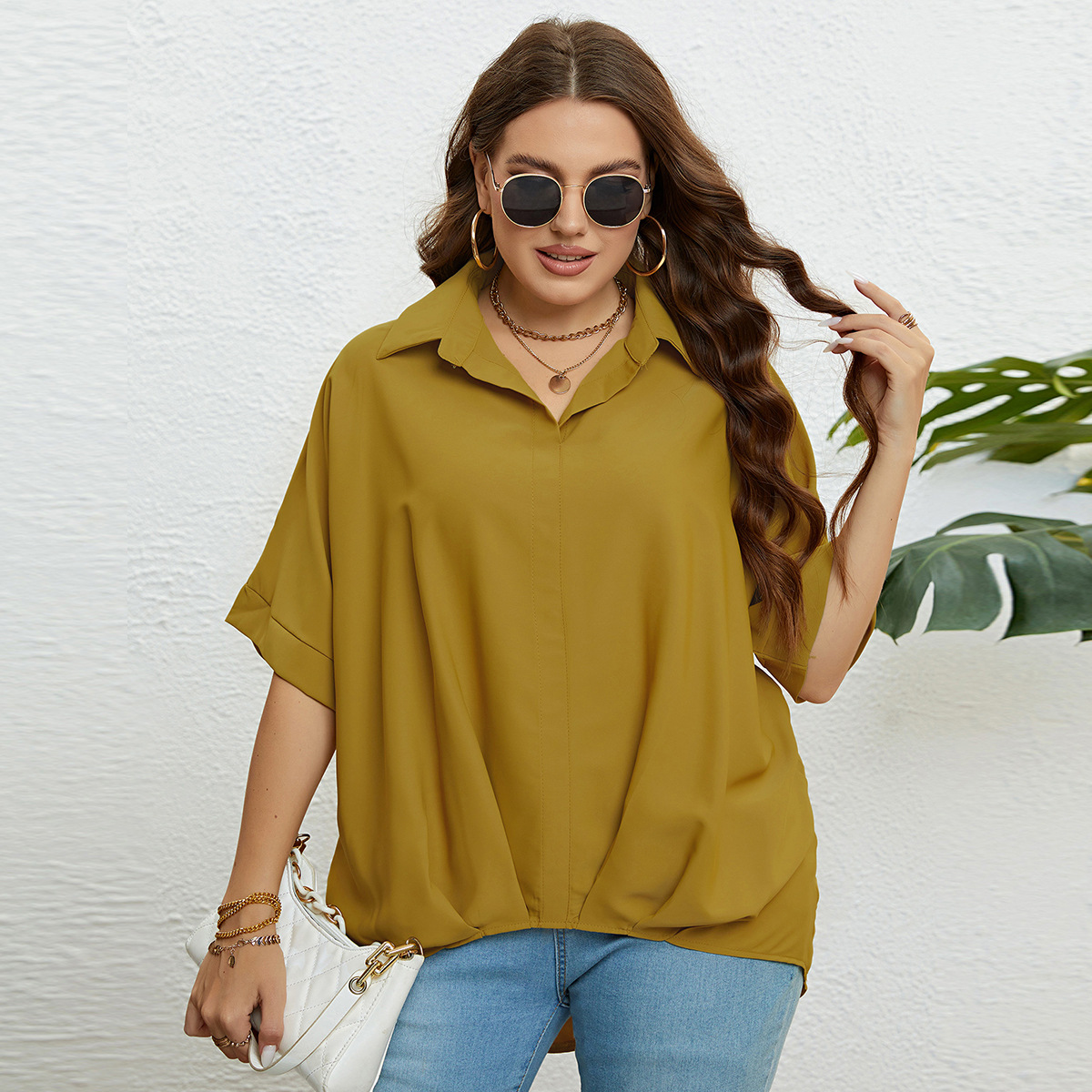 Topuri pentru femei, cu decolteu în V, slim fit și mâneci în cinci puncte, mărimi mari_voghion.com