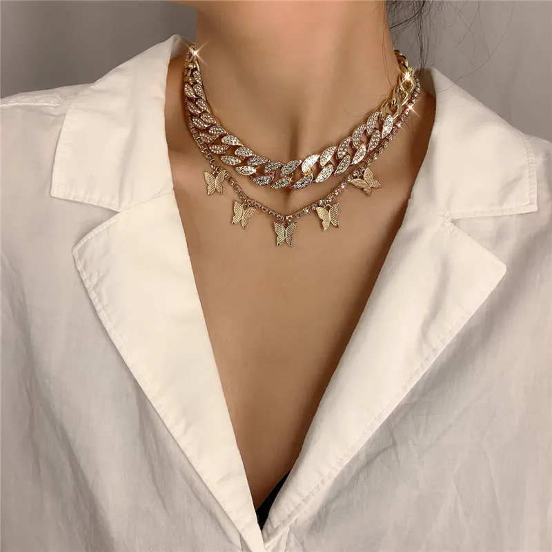 Butterfly Pendant Cuban Link Layered Necklace For Women Bling_voghion.com