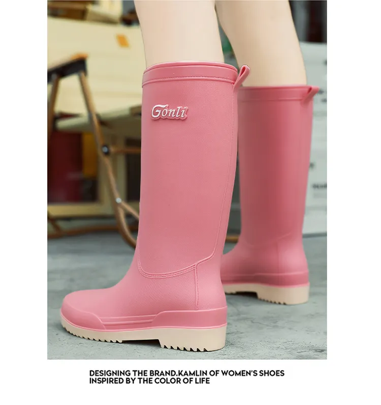 2025 Damen Lange Dicke Sohle Mode Gummistiefel Neue Waterproonti Slip High Tube Regenschuhe Reine Farbe Ruiba X560_voghion.com
