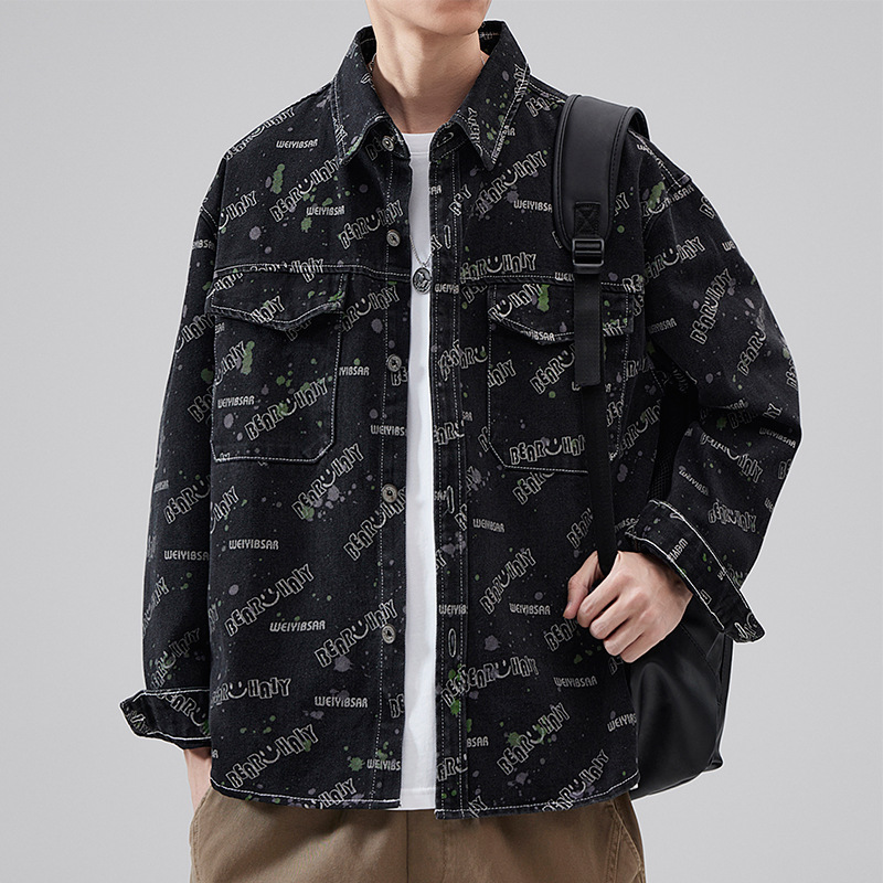 Men's new denim shirt trendy brand loose and casual American retro loose style floral pure cotton Japanese cardigan printed shirt jacket_voghion.com