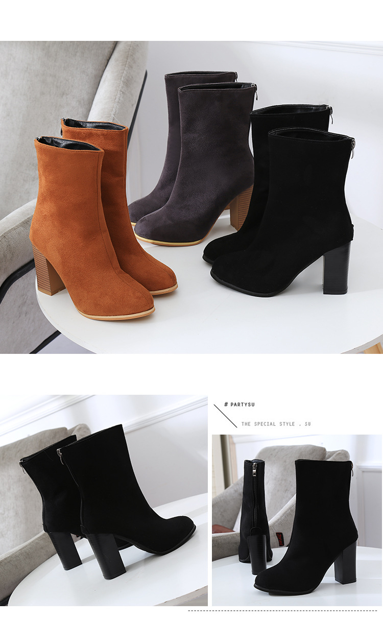 Bottes Martin à bout pointu et mi-tube pour femmes, talons hauts, à la mode, slim, fermeture éclair au dos, en daim, talon épais, nouvelle collection_voghion.com