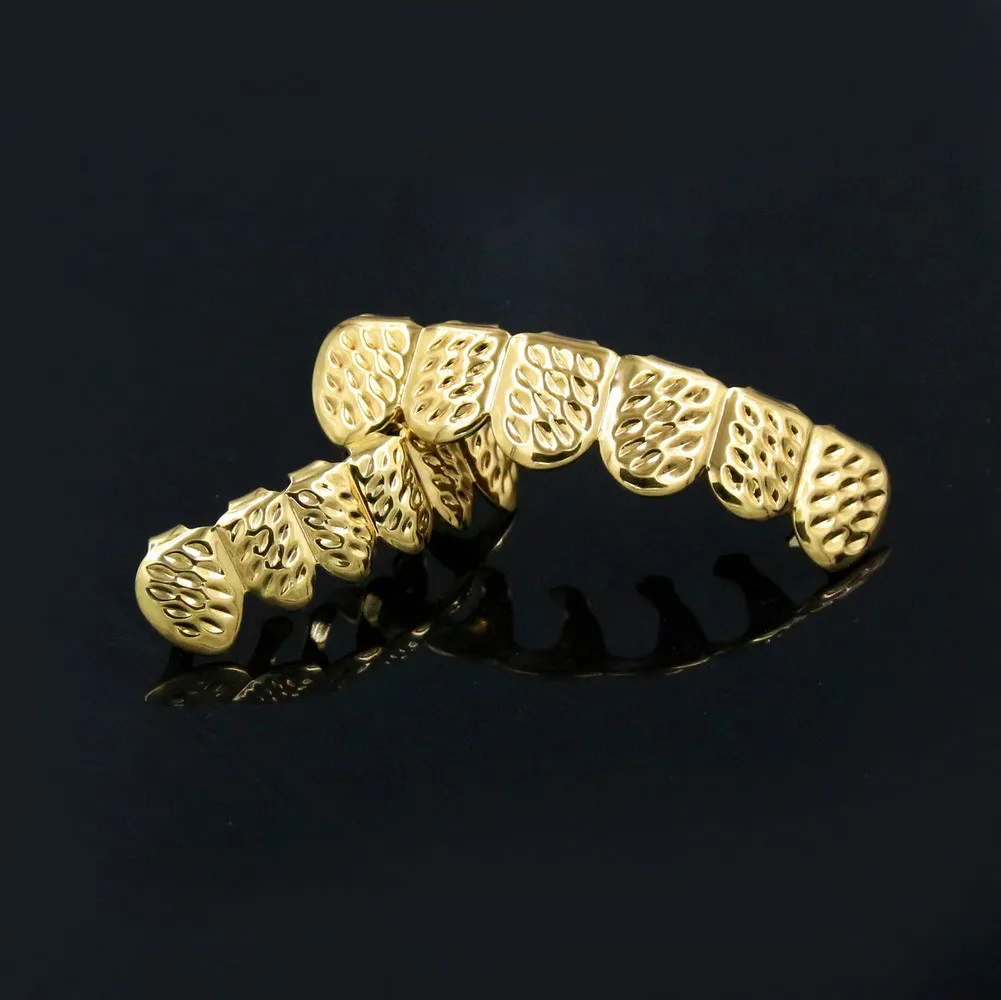 Vero oro bretelle punk hip hop denti grillz dentale bocca zanna griglie su fondo dente cappuccio cosplay festa rapper gioielli_voghion.com