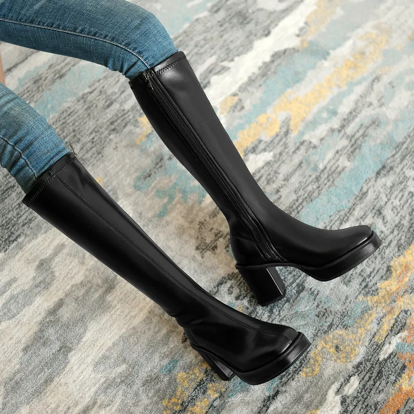 Knee Boots Heel Women's Square Below 2024 Winter Solid Color Fashion Warm Women Shoes Comfortable With Side Z 55_voghion.com