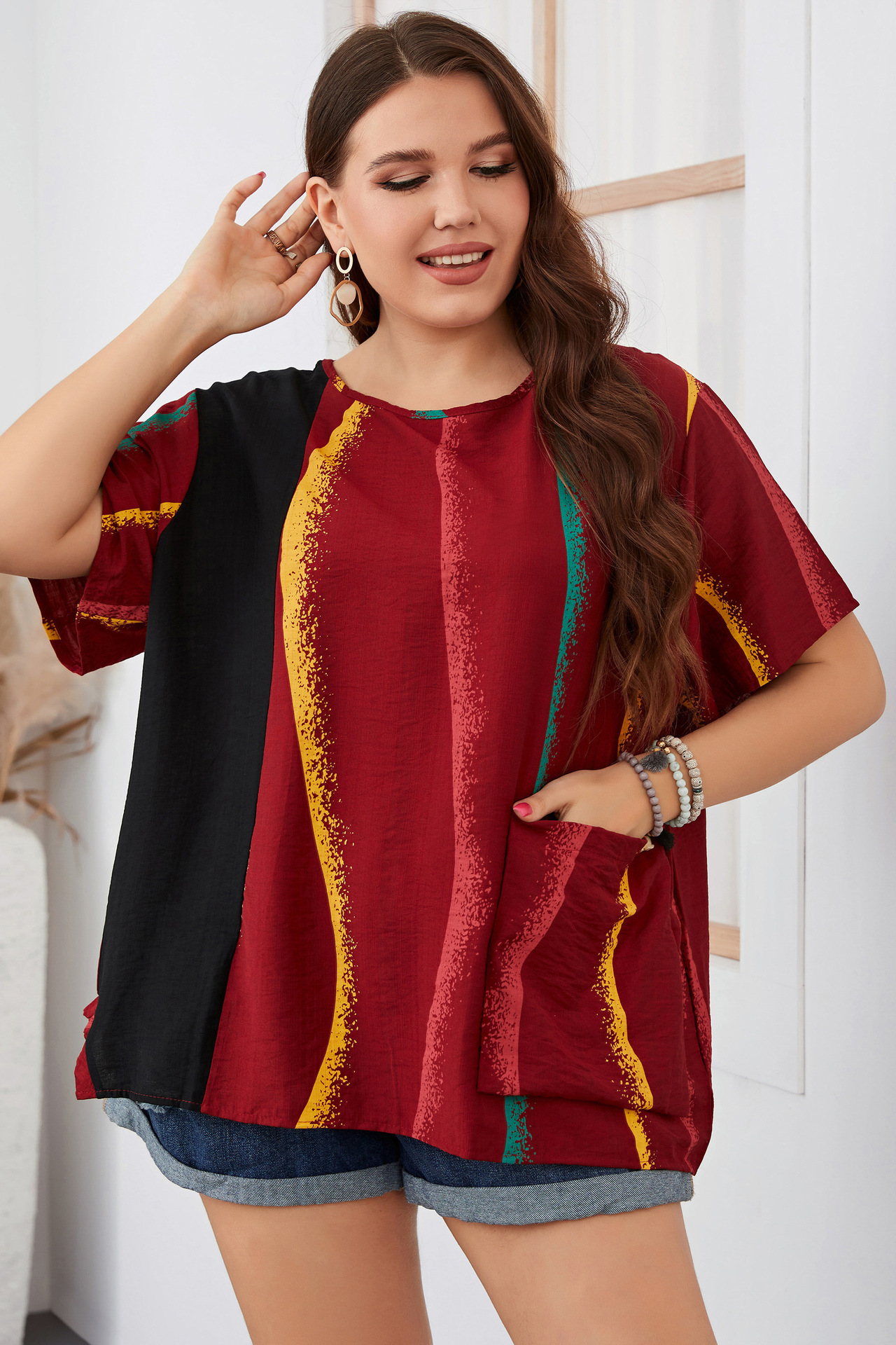 Women's striped contrast color large size women's shirt slim round neck women's clothing_voghion.com