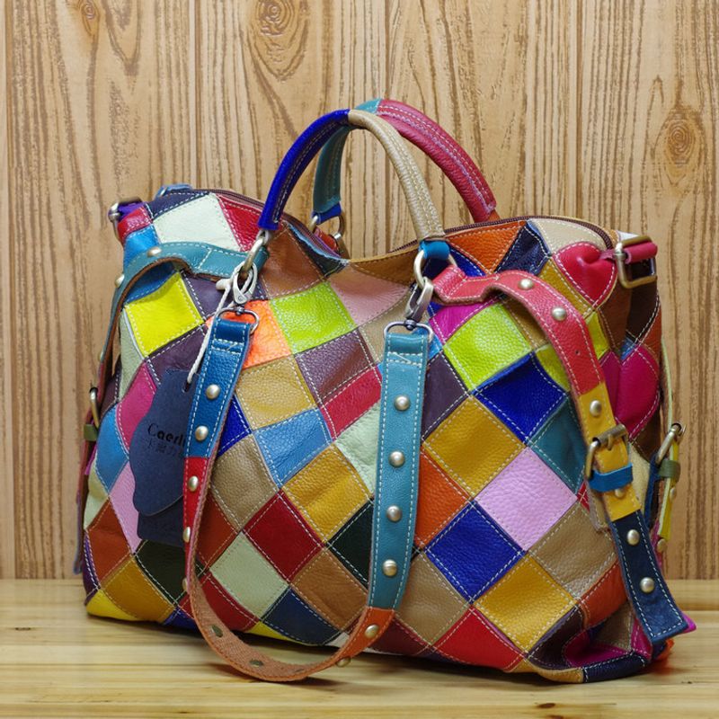 Neue Handtasche Rindsleder für Damen, farbenfrohe kontrastierende Tasche aus echtem Leder, personalisierte trendige_voghion.com