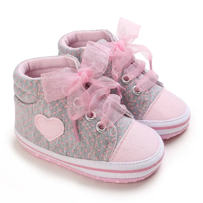 Babyskor Flickor Rosett Spets Pricktryck Höga Toppsneakers Littlesprouts Casual Mjuk Botten Nyfödda Småbarnssko_voghion.com
