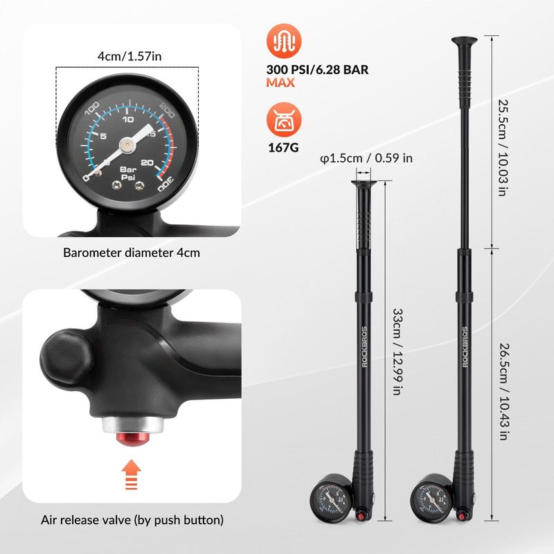 ROCKBROS Amortyzator rowerowy do przedniego widelca amortyzowanego Pompka 300 PSI Aluminium_voghion.com
