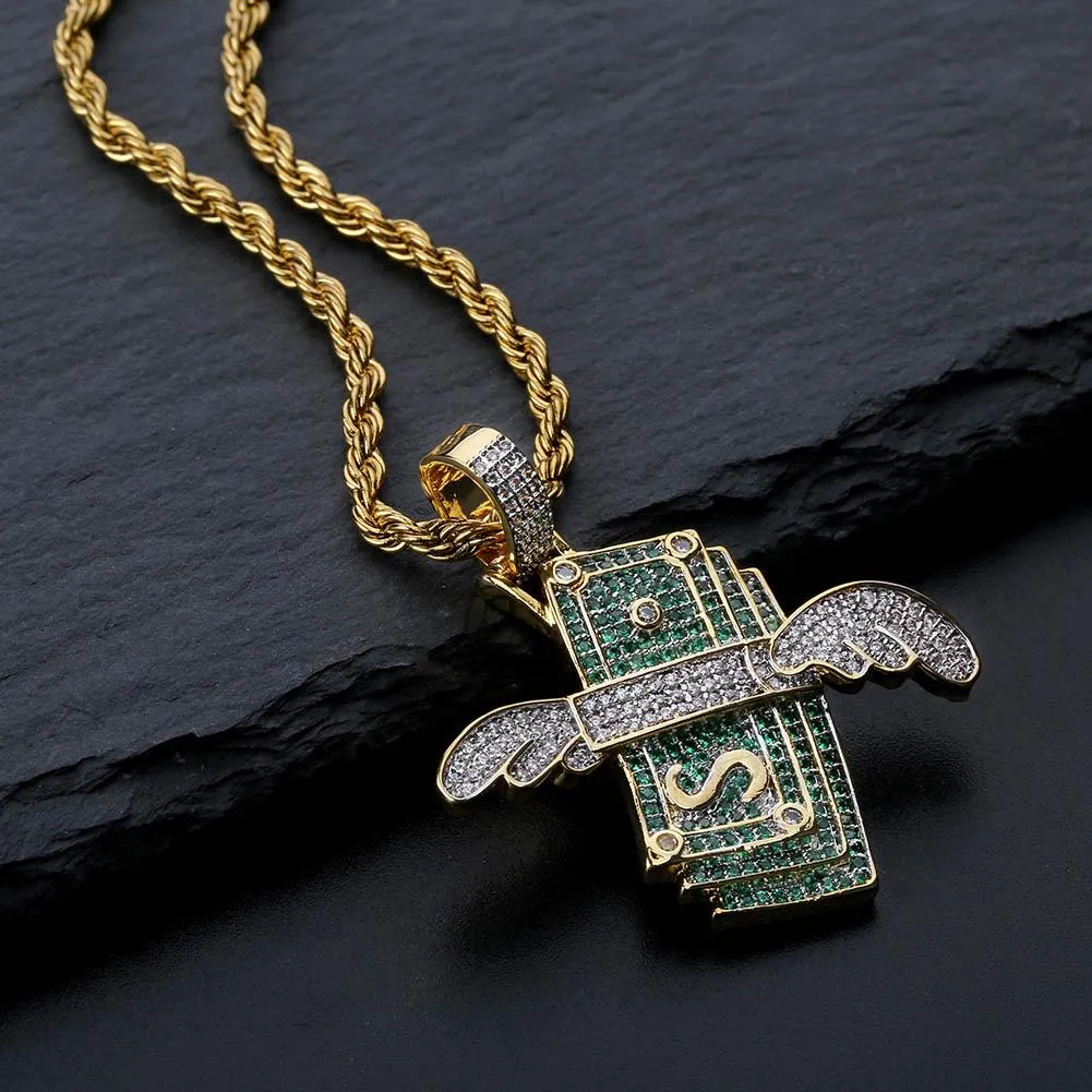 Nuova collana ghiacciata Flying Cash Solid Pendant Collane da uomo personalizzate Hip Hop Oro Argento Colore Charm Catene da donna_voghion.com
