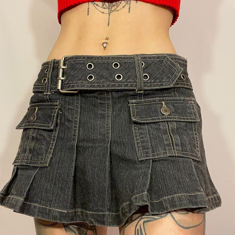 Neuer halblanger Damenrock, jugendlicher und sexy plissierter elastischer Jeansrock_voghion.com