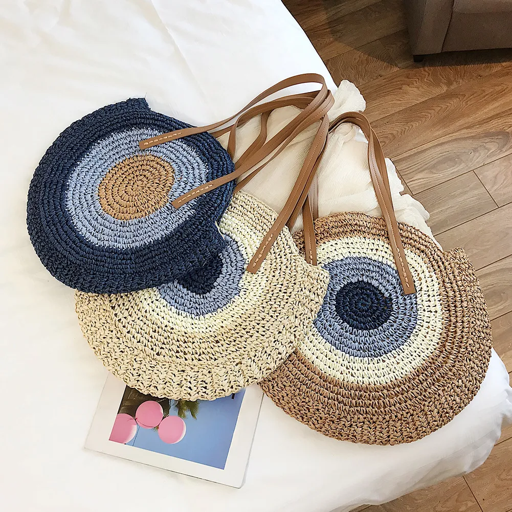 Borsa a tracolla rotonda estiva da donna in rattan intrecciato, in paglia, fatta a mano, da spiaggia, per la spesa, con manico superiore_voghion.com