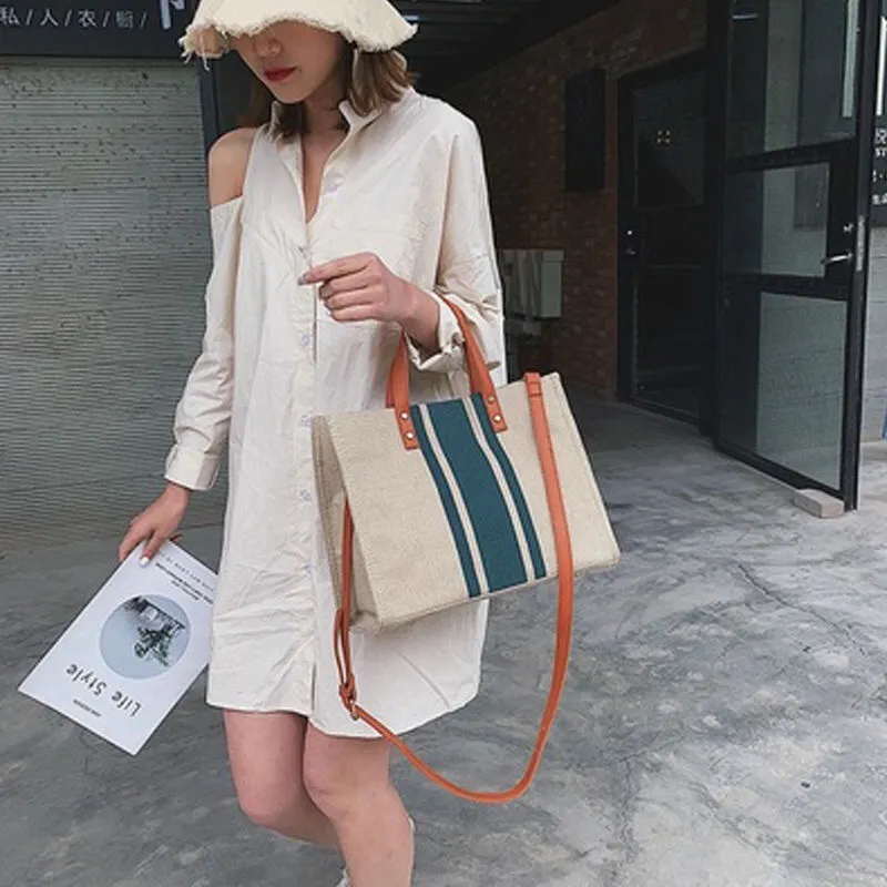 Borsa a mano da donna, semplice, alla moda, di grande capacità, vintage, a righe, portatile, stile coreano._voghion.com