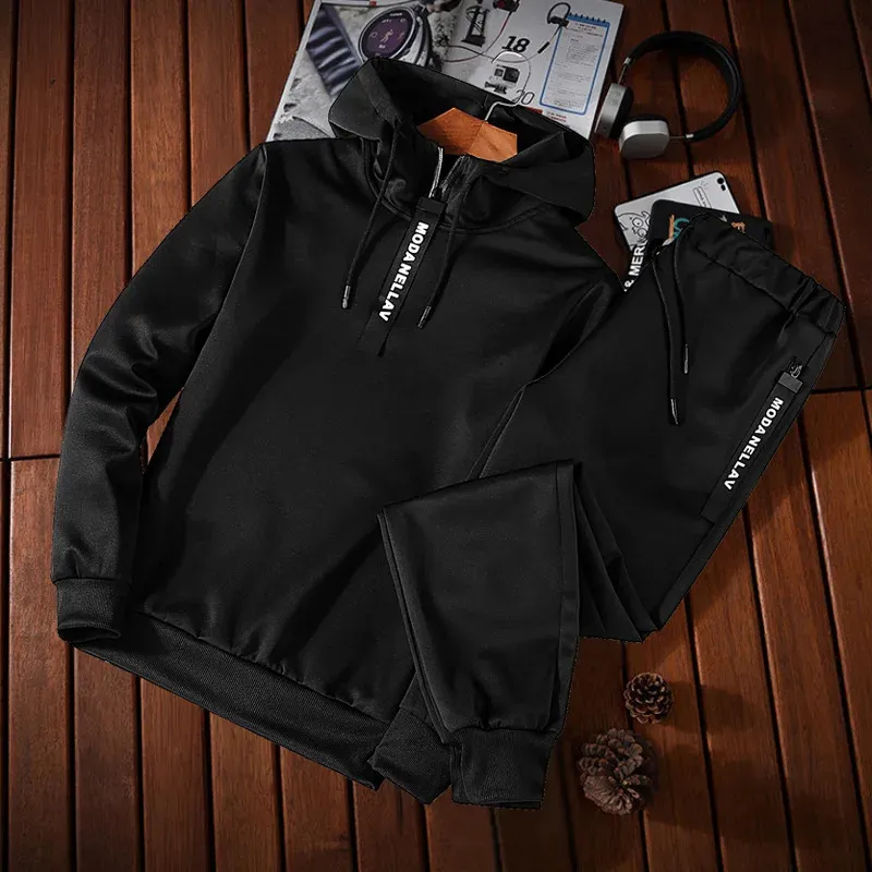 Set di abbigliamento sportivo da uomo tinta unita, patchwork con cerniera, trapuntato da uomo, felpa con cappuccio casual primaverile, felpe con cappuccio, 2 pezzi + pantaloni da jogging_voghion.com