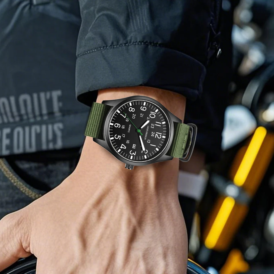 Men's Military Quartz Watch With Date And Leather Nylon Strap_voghion.com