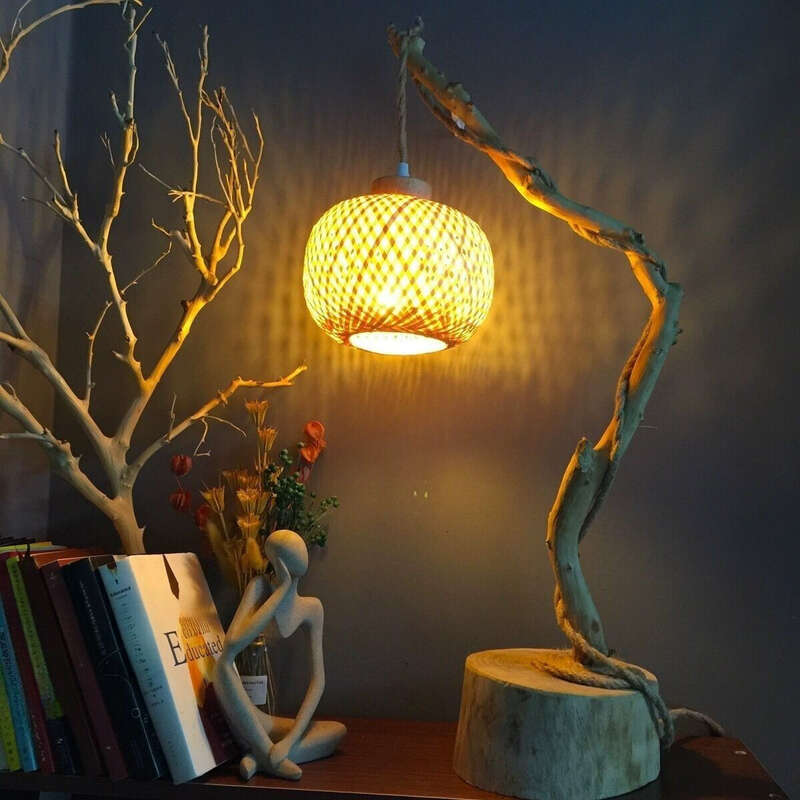 rope Pendant Dimming Knob Switch Power Root Carving Tree Branch Hanging Light Cord Bamboo Woven Lampshade_voghion.com