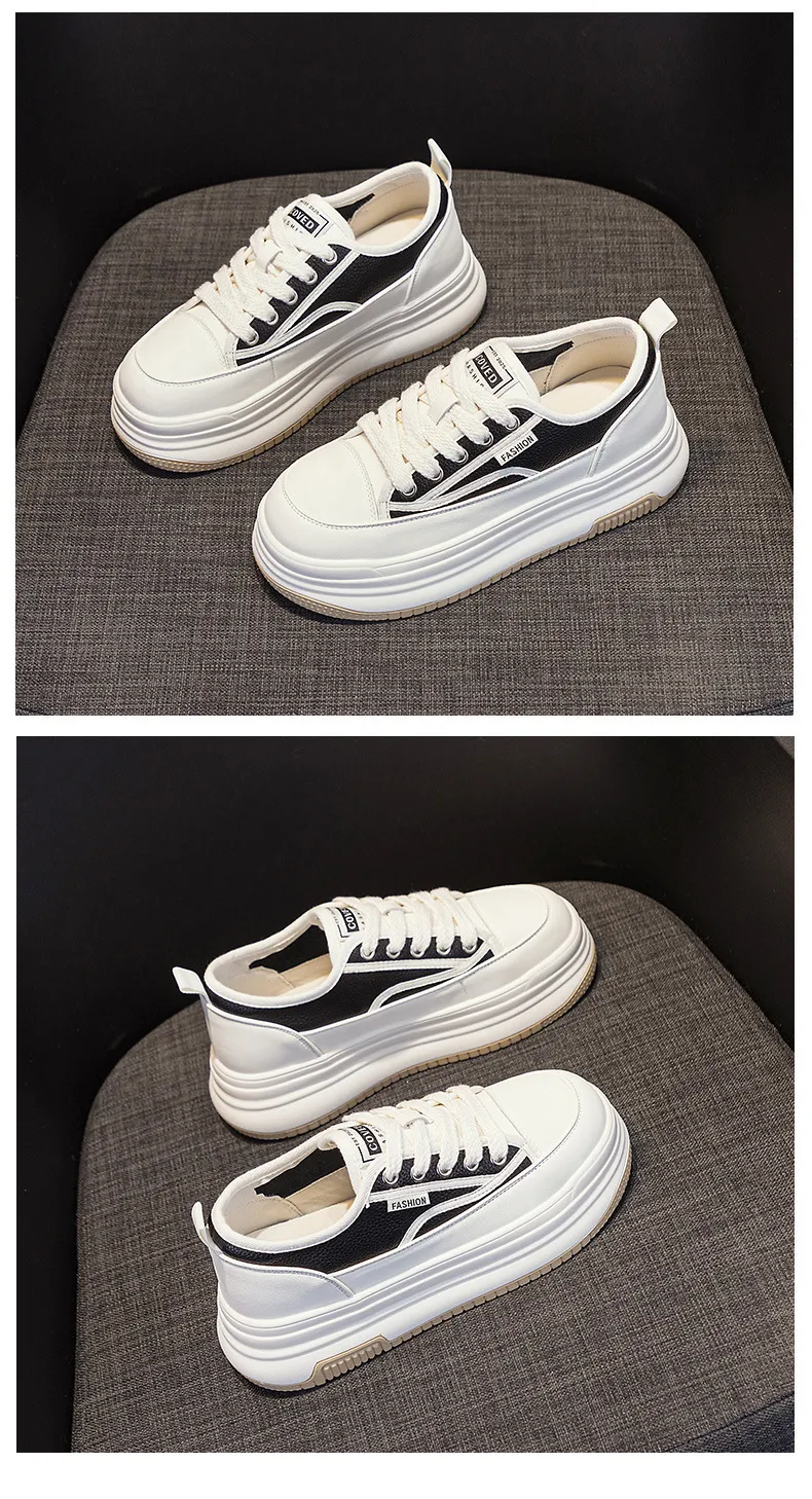 Genuine Leather Thick Sole Round Toe Raised Small White Casual Comfortable Trendy And Versatile Women Board Shoes_voghion.com