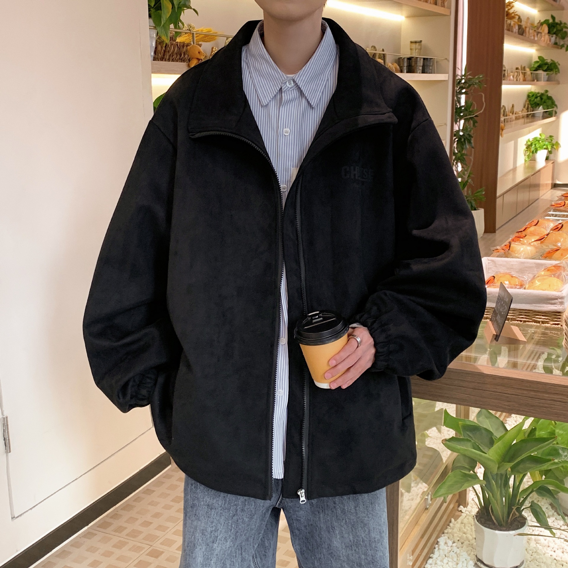 American Heavy Deerskin Fleece Jacket Men's Loose Bomber Jacket Lapel Couple_voghion.com