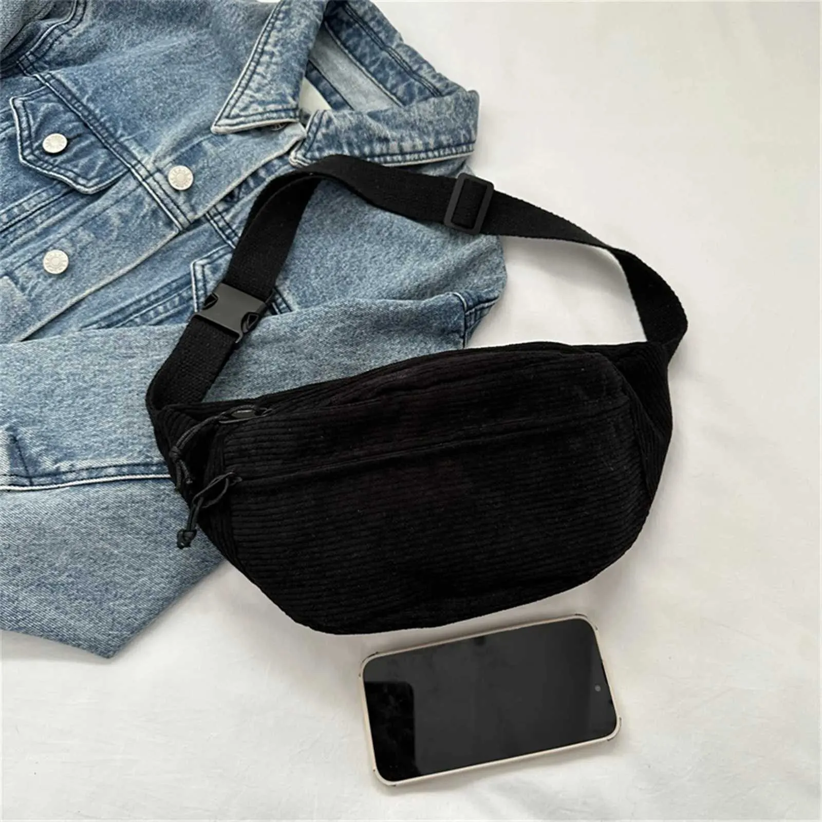 Borsa a tracolla a tracolla per studente in tela in vita da donna in velluto a coste 2024 Marsupio moda telefono Banana marsupio femminile_voghion.com