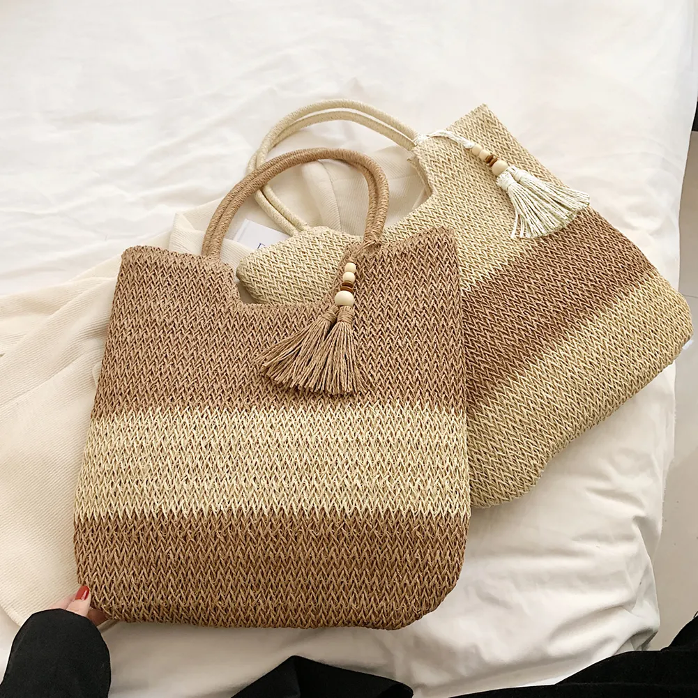 Summer Beach Bags Contrast Color With Tassels Straw Woven Bag Large-Capacity Handmade Fashion Casual Simple For Seaside_voghion.com