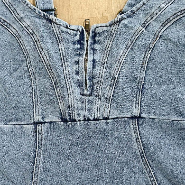 Women's Clothing Short Sleeved U Neck Suspenders Distressed Casual Style Denim Dress_voghion.com