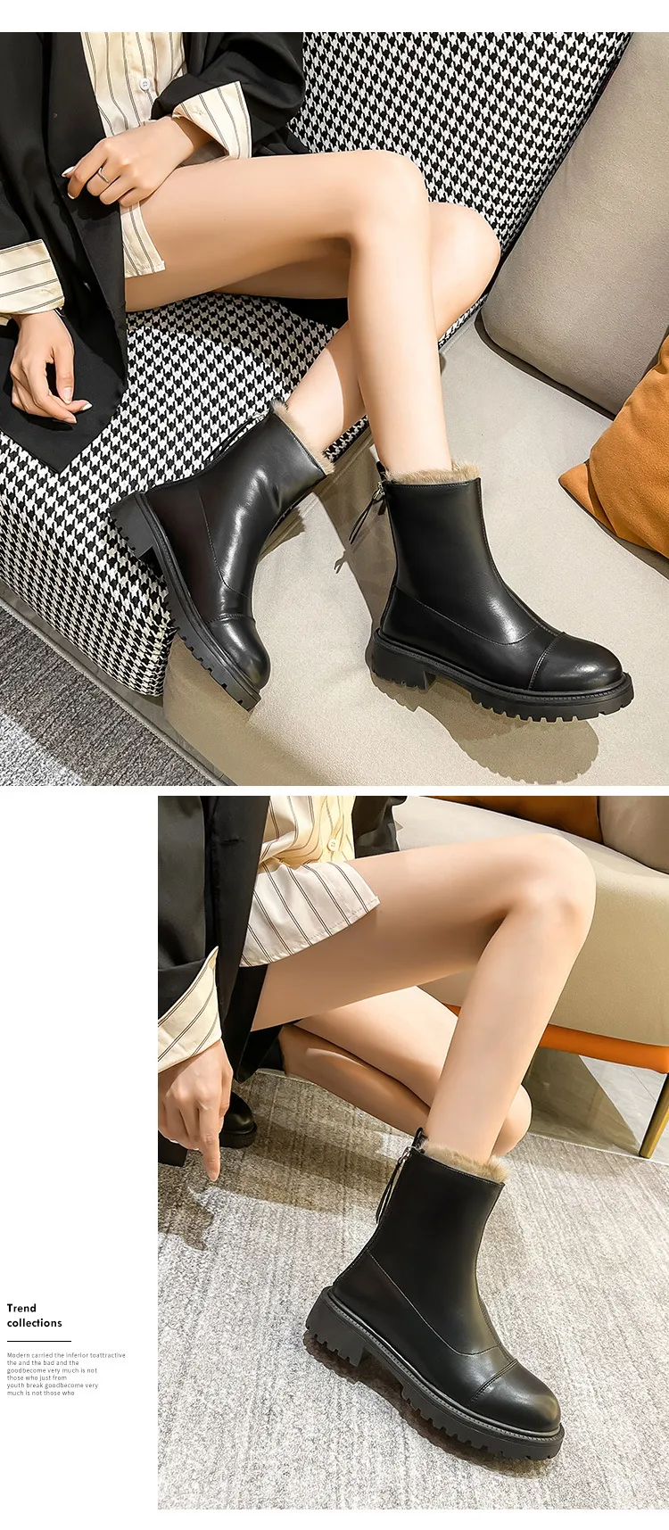 Kurze, knielange Ritterstiefel aus Plüsch mit runder Sohle und dickem Absatz in Volltonfarbe und schmaler Passform mit hohem Schaft für Damen_voghion.com