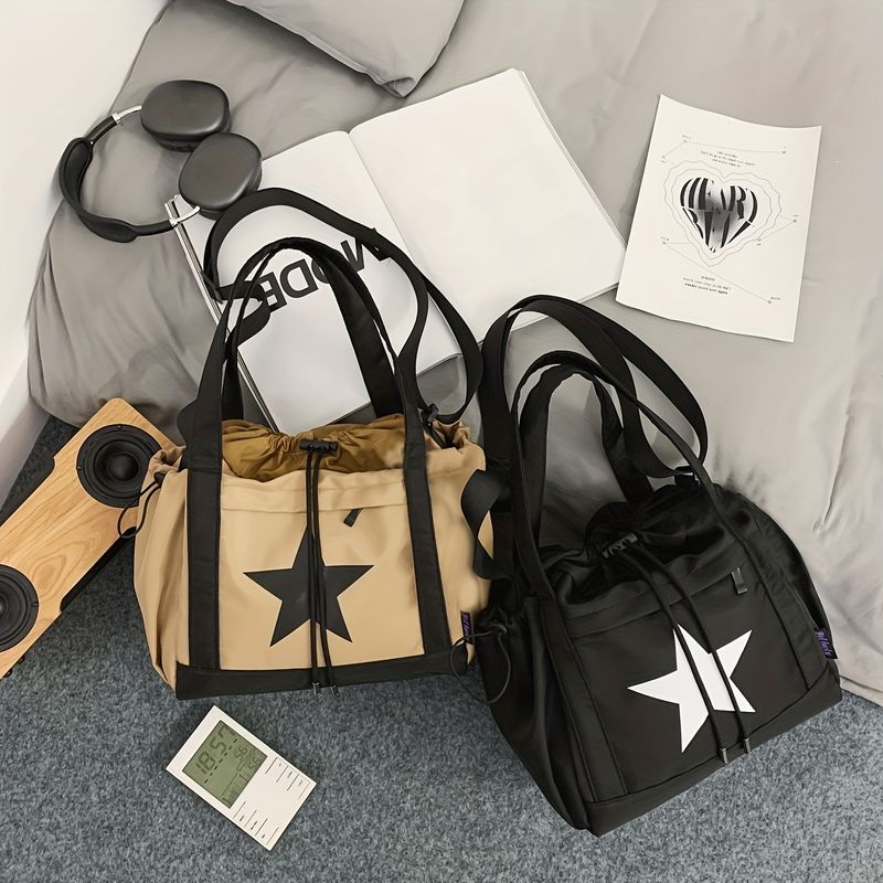 Umhängetasche Kordezug und Sternmuster, Tasche aus Nyon mit Struktur, kassische A-in-One-Umhängetasche im_voghion.com