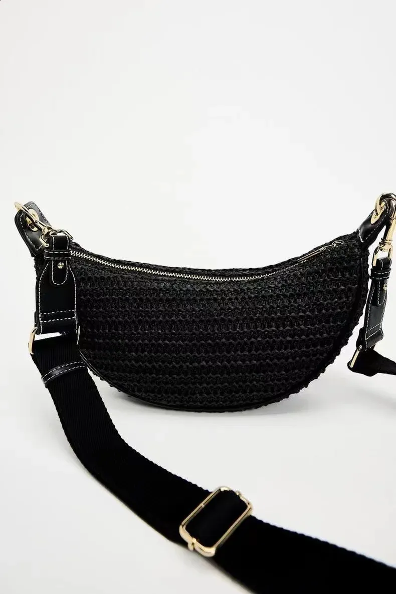 Borsa a tracolla da viaggio a mezza luna in paglia intrecciata alla moda per donna, borsa a tracolla fatta a mano 240907_voghion.com