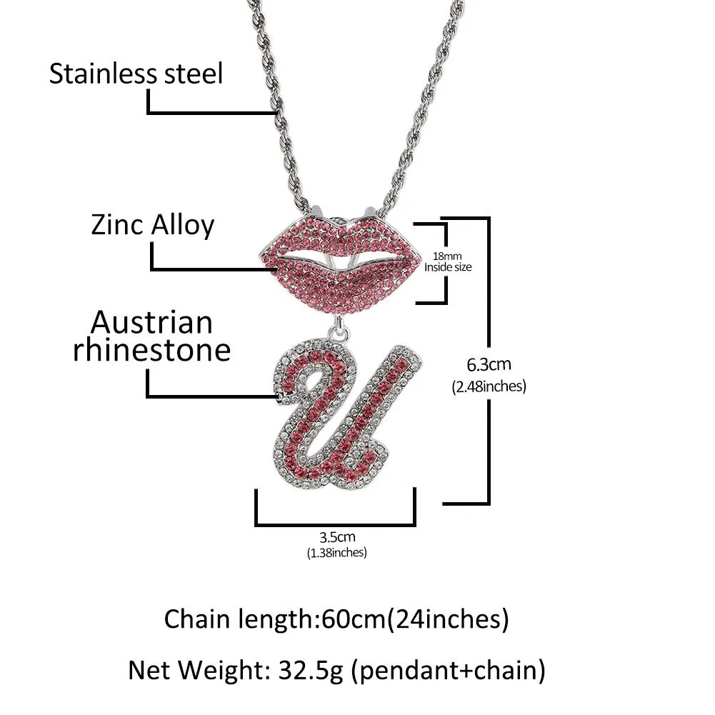 Collier avec pendentif en forme de lettre A-Z et fermoir à lèvres style hip-hop en alliage plaqué or et zircon_voghion.com