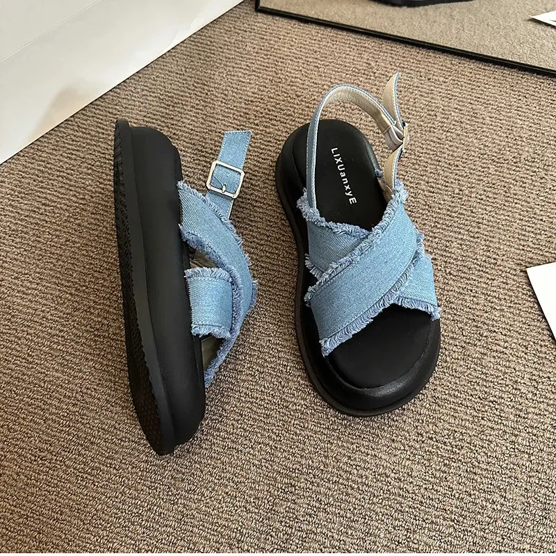 Gladiator Sandals For Women Denim Thick Sole Elegant Beach Shoes_voghion.com