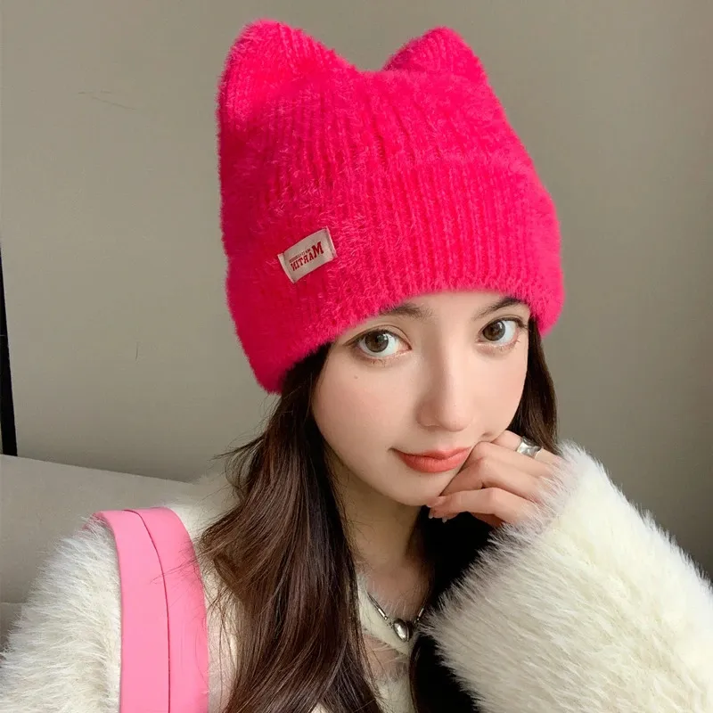 Ženske kape BeanieSkull, slatke mačje uši, zimska kapa s ušima, modna krznena pletena Kpop stila, mekane kape Beanie, ženske slatkiši_voghion.com
