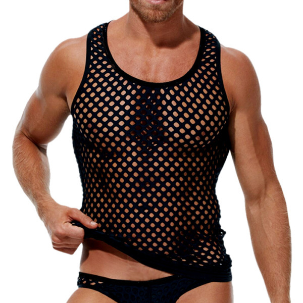Chaleco informal sexy y calado para hombre, con borde cruzado, de talla grande, de malla transpirable, para vacaciones al aire libre en verano y playa._voghion.com