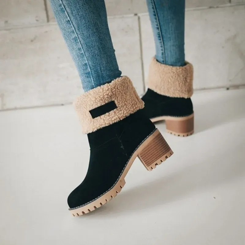 Autumn and Winter Fashion New Casual Comfortable Plus Veet Warm Square Heel Round Toe Solid Color Women's Ankle_voghion.com