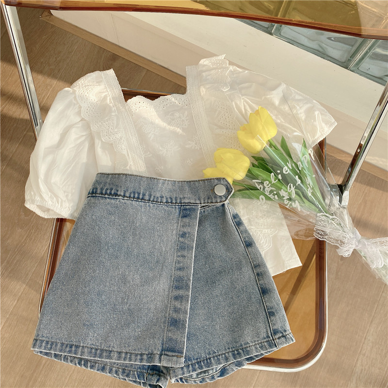 Mutter & Kinder Sommer Neue Mädchen Koreanischen Stil Mode Zwei Stück Spitze Top Plus Jeans Anzug_voghion.com